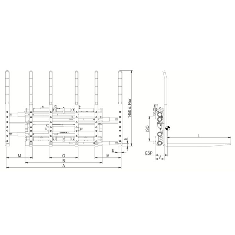 Positionneur monomultifourches déplacement latéral constant version 6 fourches pour 1, 2 ou 3 palettes DRPK – Image 2