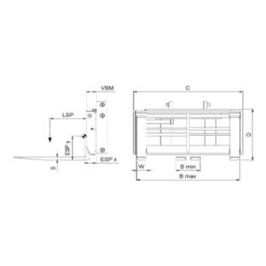 Schéma du positionneur de fourches intégré version à fourches et déplacement latéral constant 366 ISS de SEITH