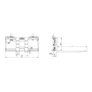Schéma du positionneur de fourches rapporté version à fourches boulonnées et déplacement latéral intégré RZV-G de DURWEN